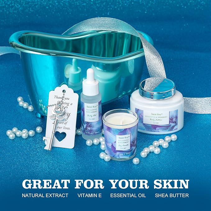 Bath and Body Basket Set Luxury EUCALYPTUS & Mint Spa Gift Basket for Women, Unique Bath Gift Baskets Gifts, Home Spa Kit Christmas Gifts for Women, birthday gift baskets for Dad Mother's Day