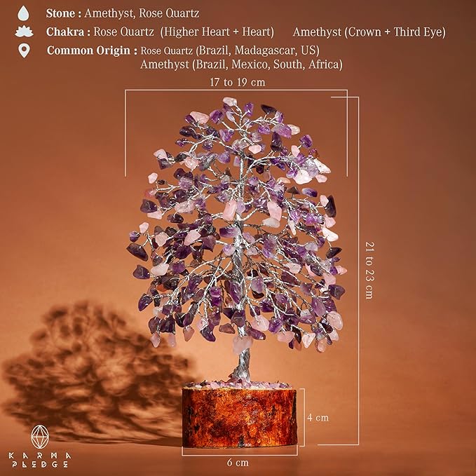 KARMAPLEDGE Chakra Healing Crystal Tree of Life for Birthday Gifts for Women, Home and Office Decor for Positive Energy & Good Luck, Spiritual Gifts, Feng Shui Money Trees (Rose, Amethyst Dual Beads)