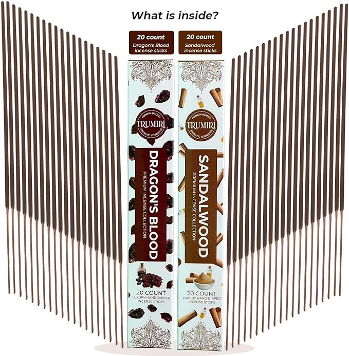 Trumiri Incense Sticks - Combo Pack of 40 Insence-Sticks - 20 Dragons Blood + 20 Sandalwood - Insenses - Insents - Incents - Inscense - Incence - Incienso - All Natural Incense Sticks