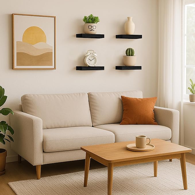 BGMG Wood Floating Shelves 12 inch,Black Floating Shelves,Solid Wood Wall Shelves for Bathroom Living Room Bedroom Kitchen Farmhouse Set of 2-12x 6.7 x1.25 inch