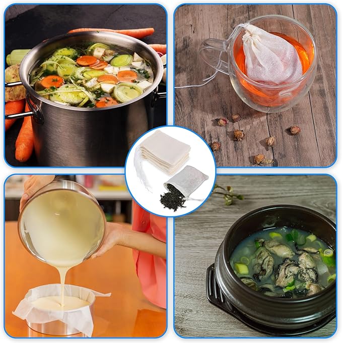 30Pcs Reusable Drawstring Muslin Bags, 3.94x3.15In Empty Spice Bags for Cooking, Tea Bag for Loose Tea, Natural Cotton Nut Milk Strainer Bag for Home Office Filtering Cook Soup Cold Brew Coffee