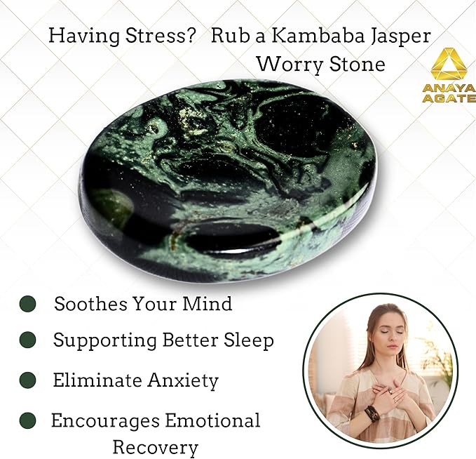 Kambaba Jasper Worry Stones – Crystal Thumb Worry Stone for Anguish, Stress – Relaxing and Soothing Balance Stones for Meditation, Stress Relief – Healing Stones and Crystals for Men and Women