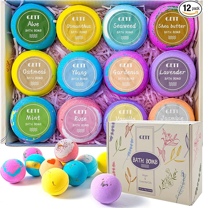 GETT Bath Bombs Gift Set,12pcs Individually Wrapped Natural & Moisturizing Bath Bombs for Women,Men & Kids, Relaxing Bubble Bath, Handmade Birthday Gift for Wife & Mom, Luxury Organic Bath Essentials