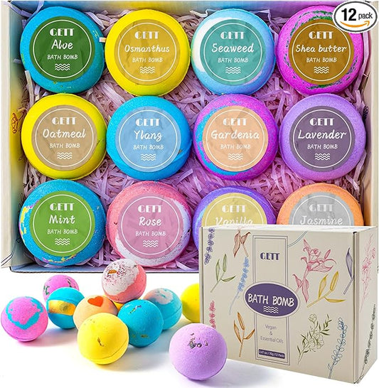 GETT Bath Bombs Gift Set,12pcs Individually Wrapped Natural & Moisturizing Bath Bombs for Women,Men & Kids, Relaxing Bubble Bath, Handmade Birthday Gift for Wife & Mom, Luxury Organic Bath Essentials