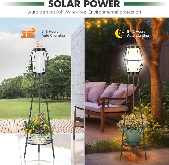 Outdoor Solar Lights with Plant Stands, 37" Metal Solar Powered Outdoor Floor Lamp Waterproof Auto On/Off, Outdoor Floor Lamps for Yard Deck Patio Porch Walkway Driveway Garden Decor