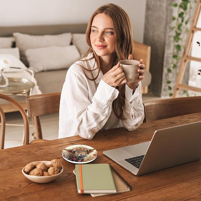 Drinks Coasters Set of 4, Highland Cow Wildflowers Round 4" Cup Coasters, Absorbent Ceramic Stone Coasters with Cork Base, Cute Coasters for Table Home Décor, Ideal Gifts for Women Men