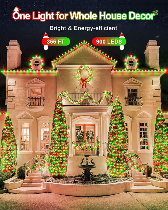 355FT 900 LED Red Green Christmas Lights, Extra Long Outdoor String Lights Waterproof, Timer & Memory, 8 Modes Dimmable Plug in Fairy Light for Outside Tree Patry Holiday Indoor Xmas Decorations