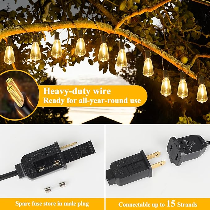Brightever LED Outdoor String Lights 100FT Patio Lights with 52 Shatterproof ST38 Vintage Edison Bulbs, Outside Hanging Light Waterproof for Porch, Deck, Garden, Backyard, Balcony, 2700K Dimmable