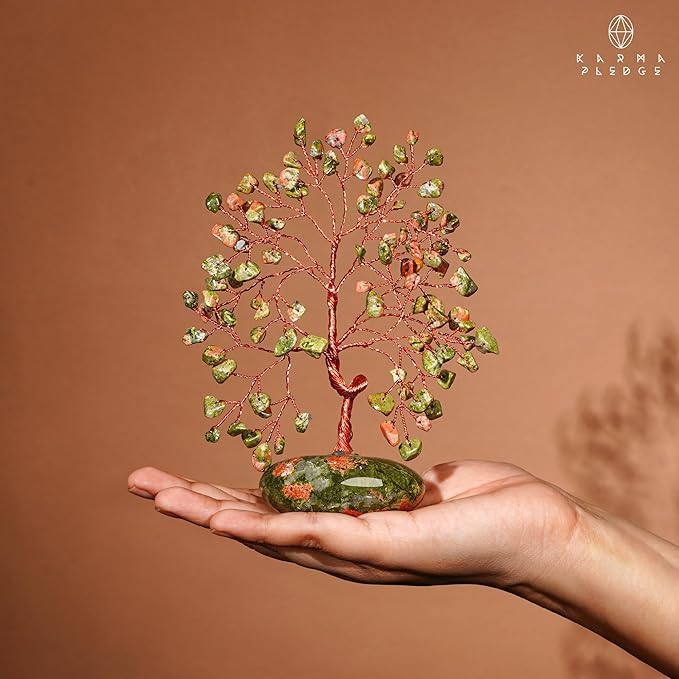 KARMAPLEDGE Crystal Tree of Life Home and Office Feng Shui Decor, Unakite Healing Crystal Handmade Bonsai Tree for Positive Energy, Good Luck, Money, Christmas Decor, Birthday Gifts for Women, Mom