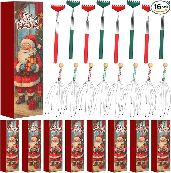 16 Pcs Head Massager and Back Scratcher with Christmas Gift Box, Scalp Massager Extendable Back Scratcher Tool for Body Relax Stress Relief Stocking Stuffers for Men Women (Claw)
