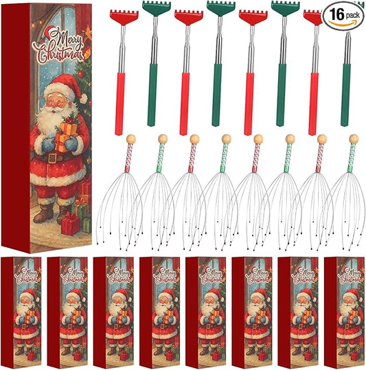 16 Pcs Head Massager and Back Scratcher with Christmas Gift Box, Scalp Massager Extendable Back Scratcher Tool for Body Relax Stress Relief Stocking Stuffers for Men Women (Claw)