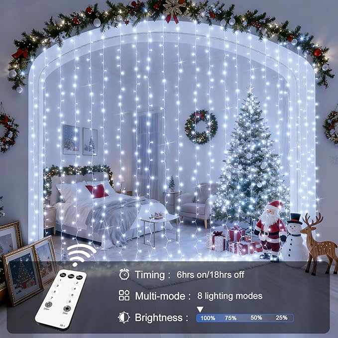 JMEXSUSS 300 LED 9.8x9.8Ft Curtain Lights Indoor with Remote, White Christmas Lights Plug in, 8 Modes White String Lights for Bedroom Wall Wedding Reception Dorm Party Backdrop Window Outdoor Decor