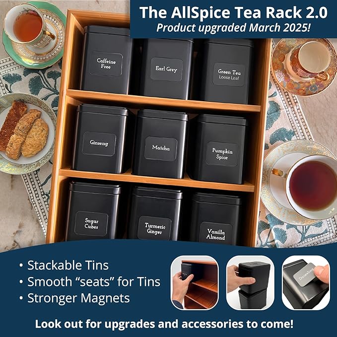 AllSpice Tea Organizer Rack with 9 Tins & 160 Magnetic Labels – Perfect for Bagged & Loose Leaf Tea Organization - Walnut