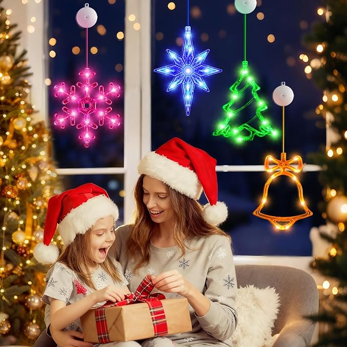 4Pack Christmas Window Lights Decorations with Timer,Battery Powered Christmas Hanging Multicolor Lighted Snowflake Tree Bells Lucky Star Shaped LED Sucker for Xmas Tree Fireplace Indoor Decor