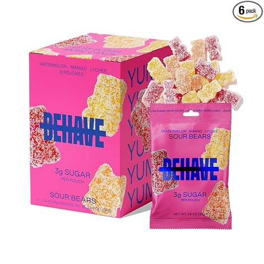 BEHAVE Low Sugar, Low Carb Gummy Candy | Healthy, High in Fiber, Keto & Diabetic Friendly Snack | Non-GMO, Gluten-Free, Dairy-Free, No Artificial Flavors or Sweeteners | Sour Bears, 1.8oz (6-Pack)