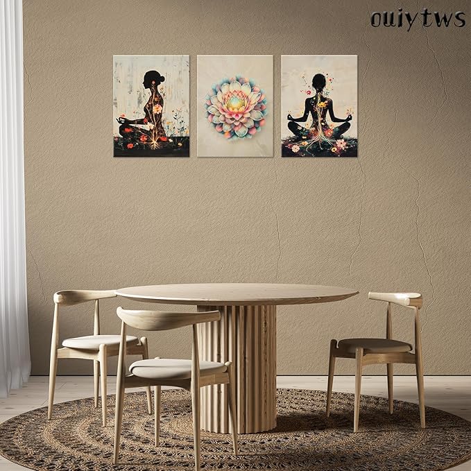 Yoga and Flower themed Meditation Wall Art Set of 3, Spiritual Meditation Women's Match with Flower and Lotus Patterns Canvas Poster Prints Painting,for Yoga Meditation Room,Bedroom,Framed 16X24in