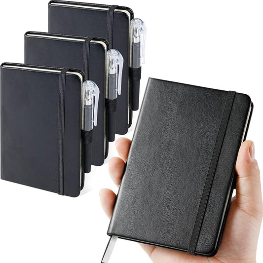 (3 Pack) Pocket Notebook Journal, Hardcover Small Mini Notebooks with Pens for Work, 3.7" x 5.7" A6 Notebook College Ruled with 100Gsm Premium Thick Lined Paper, Black Leather
