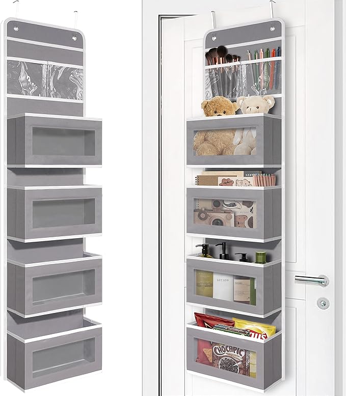 Over Door Organizer with 4 Large Capacity Pockets, Hanging Organizer Storage for Closet Bathroom Nursery Bedroom Dorm, Toys Cosmetics Sundries and Baby Essentials, Gray