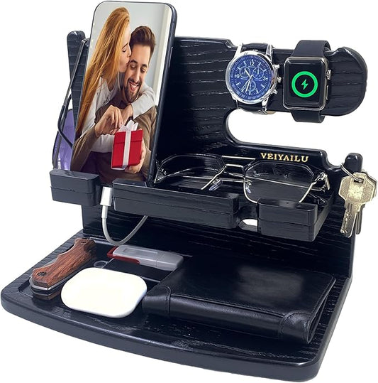 Gifts for Men Dad Women Husband Boyfriend Him Nightstand Organizer for Men Wood Phone Docking Station Birthday Gifts (Black)