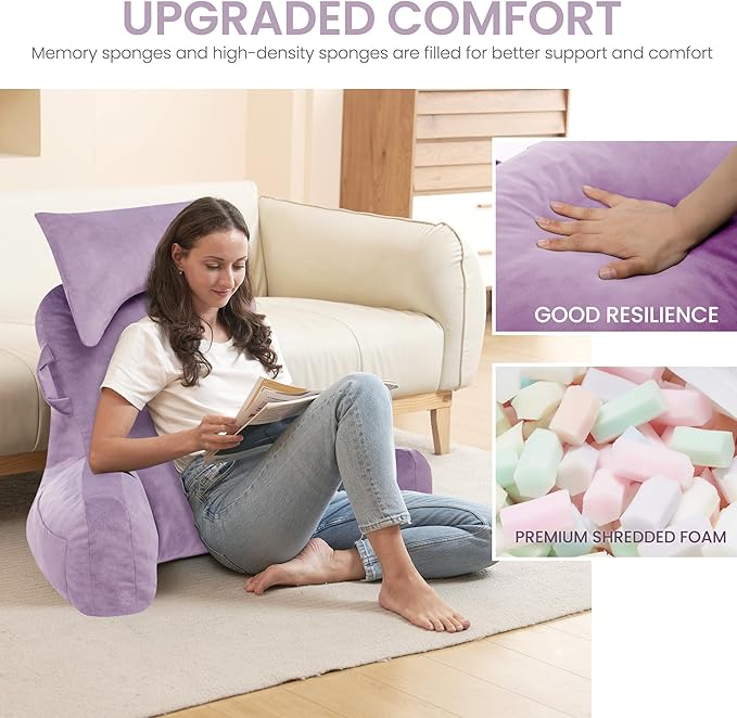 Portable Reading Pillows with Headrest for Bed Sitting Up(Lavender Purple Oeko-Tex), Velvet Back Pillow with Arms & Pockets for Adults, Support Memory Foam Bed Pillow for Dorm/Reading/Gaming