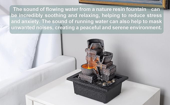 Indoor Fountain 3-Bowl Rockery Soothing Sound Tabletop Fountains Home/Office Decor with Natural River Rocks LED Lights Automatic Watering Pump(22044A)