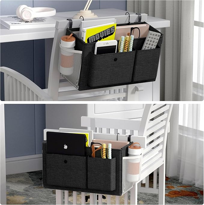 Bedside Caddy Bedside Organizer with Fixed Straps & Water Bottle Holder, Bunk Bed Caddy ideal for Home, Dorm, Hospital, Crib, Versatile Bedside Storage Solution (Black)