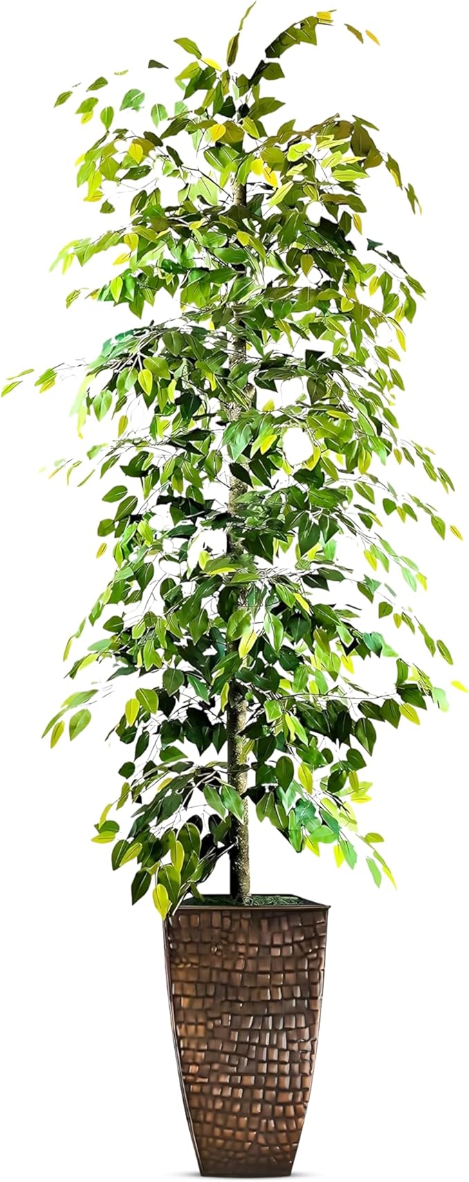 Artificial Ficus Tree in Copper Metal Pot - Real Wood Trunk, Preassembled, No Maintenance Indoor Faux Plant - Living Room, Home & Office Decor (8ft Tall)