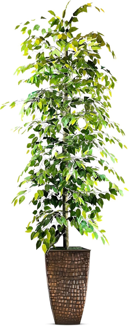 Artificial Ficus Tree in Copper Metal Pot - Real Wood Trunk, Preassembled, No Maintenance Indoor Faux Plant - Living Room, Home & Office Decor (8ft Tall)