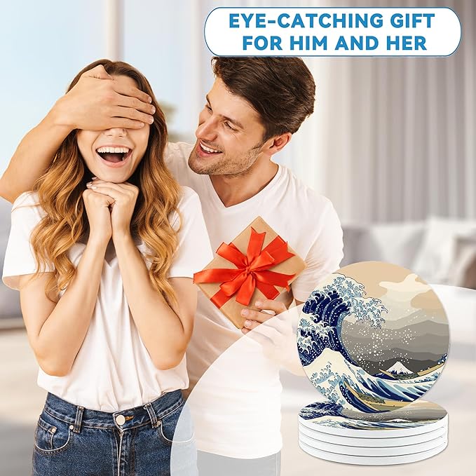 Japanese Style Waves Round 4" Cup Coasters Set of 4, Absorbent Ceramic Coasters with with Cork Backing, Table Home Decor, Gifts for Women Men