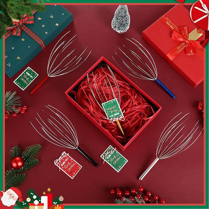 Soaoo 30 Pcs Christmas Head Massager Scalp Massager Bulk with Inspirational Christmas Cards Handheld Steel Wire Head Scratcher for Body Office Home Spa Stress Relief Relaxation Women Men Gift(Classic)