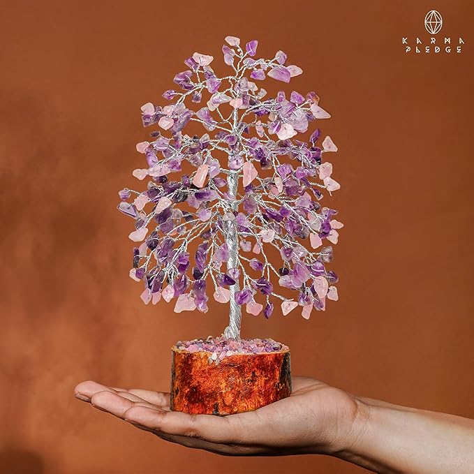 KARMAPLEDGE Chakra Healing Crystal Tree of Life for Birthday Gifts for Women, Home and Office Decor for Positive Energy & Good Luck, Spiritual Gifts, Feng Shui Money Trees (Rose, Amethyst Dual Beads)