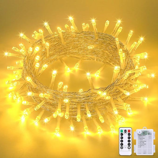 JMEXSUSS 33ft 100 LED Warm White Christmas Lights Outdoor, Battery Power String Lights Waterproof, Twinkle Fairy Mini Lights with 8 Modes Remote Indoor
