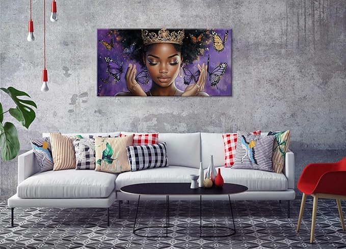 ZESTRILIA African American Wall Art for Girls Room Purple Black Butterfly Canvas Painting Prints Artwork Living Bedroom Office Decor Large (46x23 Inches)