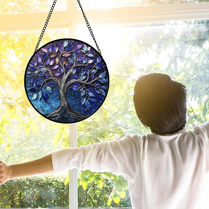 Stained Glass Window Hanging, Blue Purple Tree of Life Sun Catchers Colorful Glass Panel Plants Suncatcher Decor for Birthday for Women,Men,Wife, Lovers, and Mom 11.8x11.8 in