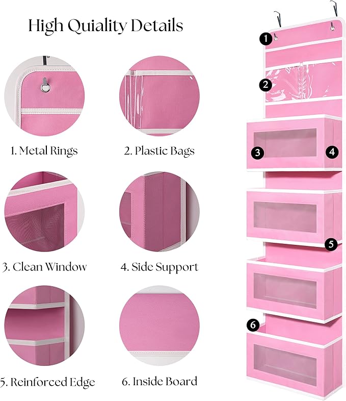 Over Door Organizer with 4 Large Capacity Pockets, Hanging Organizer Storage for Closet Bathroom Nursery Bedroom Dorm, Toys Cosmetics Sundries and Baby Essentials, Pink