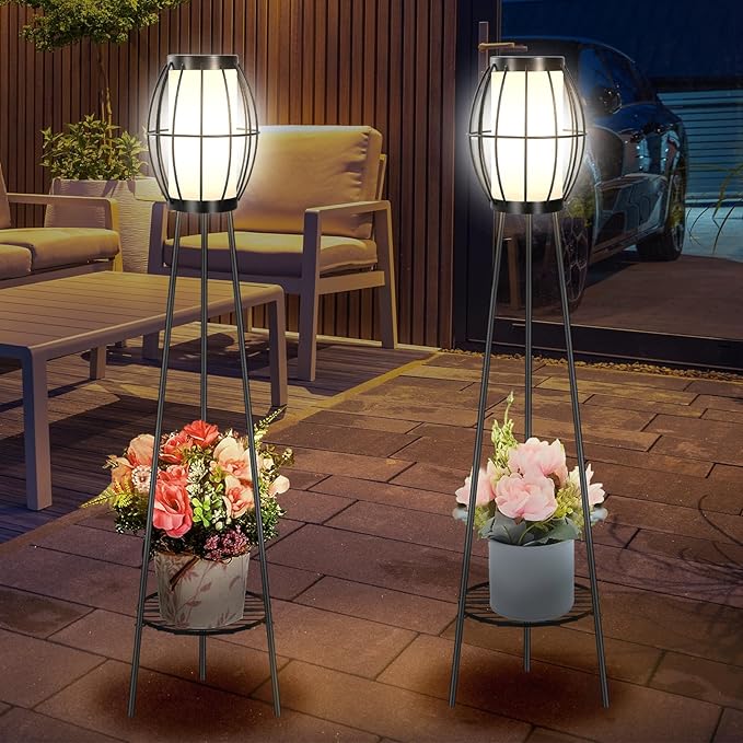 Outdoor Solar Lights with Plant Stands, 37" Metal Solar Powered Outdoor Floor Lamp Waterproof Auto On/Off, Outdoor Floor Lamps for Yard Deck Patio Porch Walkway Driveway Garden Decor
