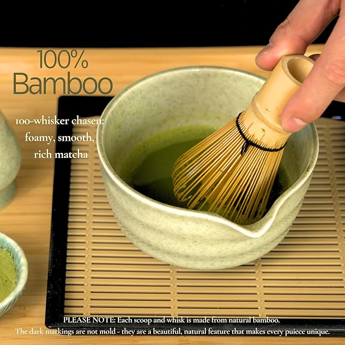 Matcha Whisk Set, Matcha Set, Handcrafted Bamboo Chasen & Ceramic Bowl Matcha Kit, 5 Pcs Matcha Set Whisk and Bowl with Stainless Steel Sifter, Tea Ceremony, Jade