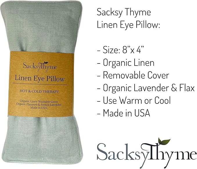 Sacksy Thyme Organic Linen Eye Pillow - Lavender & Flaxseed for Relaxation, Yoga, Stress Relief - Microwavable Heating Pad & Cool Compress - Made in USA - Gifts for Meditation