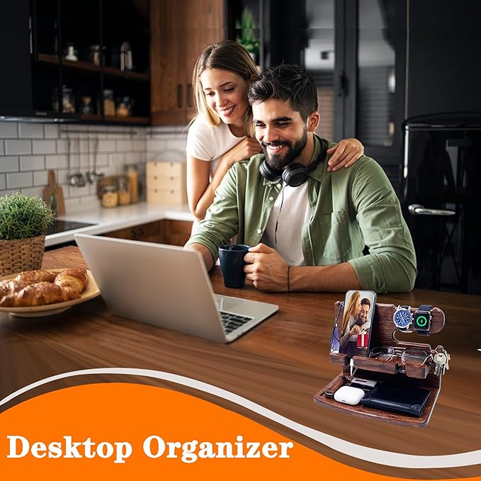 Gifts for Men Women Dad Husband Boyfriend Wood Phone Docking Station Nightstand Organizer for Men Birthday Gifts (Dark Brown)
