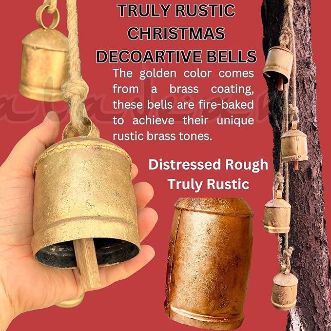 Rustic Decorative Bells Set of 2 - Giant Harmony Cow Bells Huge | Handmade Vintage Christmas Bells Golden Cowbell Country Style Jute Rope Hanging Bell Wall Decor (2X Harmony Bells 4"-6")