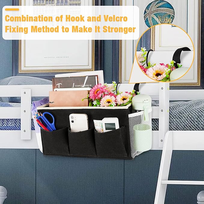 Bedside Caddy Bedside Organizer Bedside Storage Caddy with Fixed Straps and Water Bottle Holder for Home College Dorm Bunk Bed Hospital Bed Crib Bed Rails (2pcs Black)