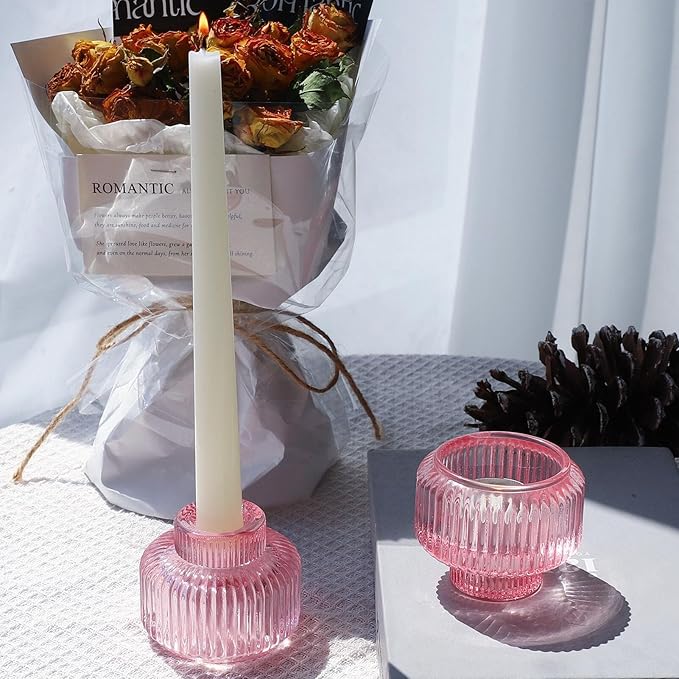 Woho Pink Candlestick Holders for Taper Candles Set of 4, Glass Taper Candle Holders Bulk for Birthday Party, Tea Lights Candle Holder for Wedding Festival