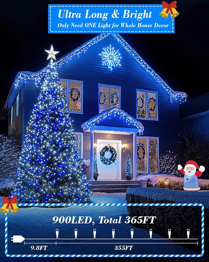 Blue White Christmas Lights Outdoor,Total 710FT 1800 LED,Extra Long String Lights Waterproof, Timer & Memory, 8 Modes Dimmable Plug in Fairy for Outside Tree Wedding Patry