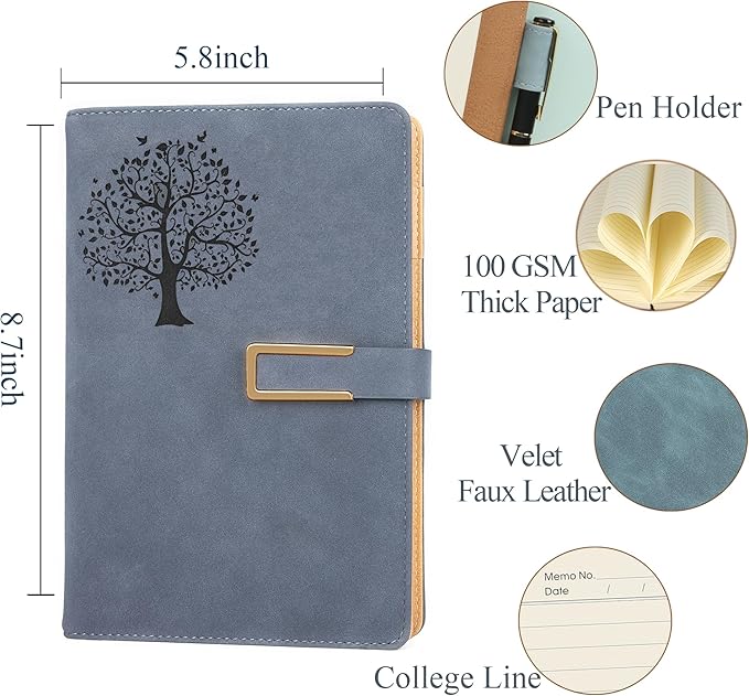 Fanery sue Tree of Life Refillable Writing Journal for Women&Men Faux Leather Hardcover Notebook A5 College Ruled 200 Lined Pages Lay-Flat Personal Diary with Pen&Magnetic Buckle (Tree of Life-Blue)