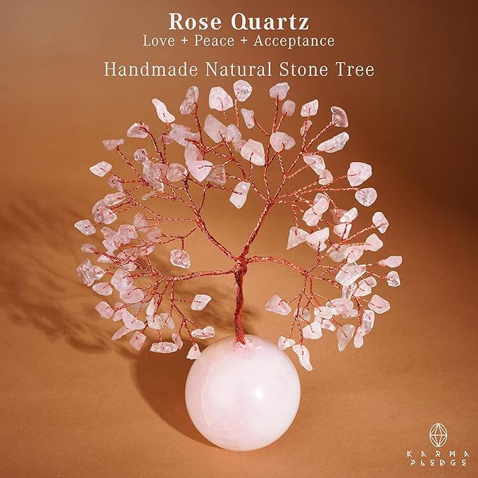 KARMAPLEDGE Rose Quartz Crystal Tree of Life Gifts for Women, Office Decor, Healing Crystal and Stones Chakra Tree for Positive Energy, Reiki Healing, Meditation, Good Luck, Spiritual, Birthday Gifts