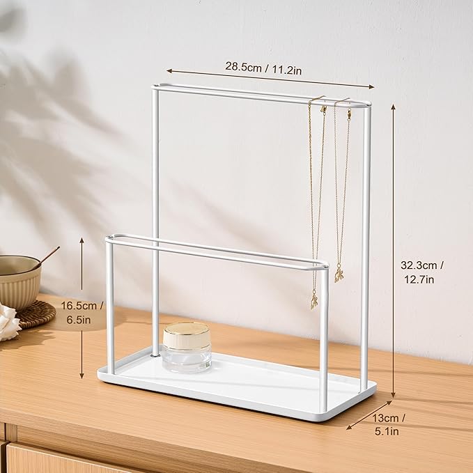 pickpiff Headband Holder Organizer Metal 2-Tier with Tray: Hair Accessories Display Stand Storage, Purse Charms Key Rings Rack Necklace Stand Home Bedroom for Girls Women, White