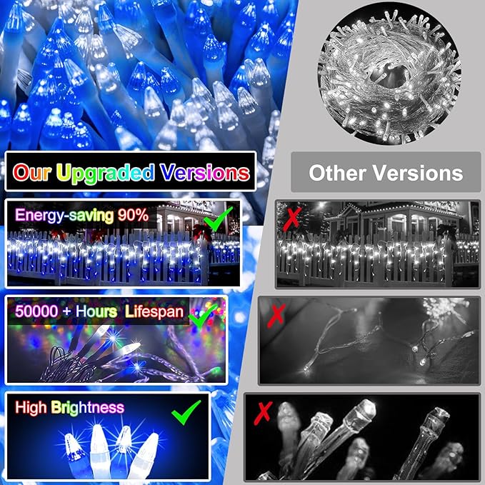 82FT 810 LED Outdoor Christmas Lights - 180 Ice Drops, 12 Pro Modes with Timer Memory & Brightness, Waterproof Hanging Ice String Light for Holiday Wedding Garden Fence House Decor (White & Blue)