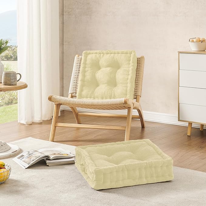 Wellsin Square Floor Pillows for Adults Kids - Meditation Floor Pillow Seating Cushion - Tufted Floor Cushion with Shredded Foam & Velvet Cover, 1 Pack, 20x20 Inch, Beige