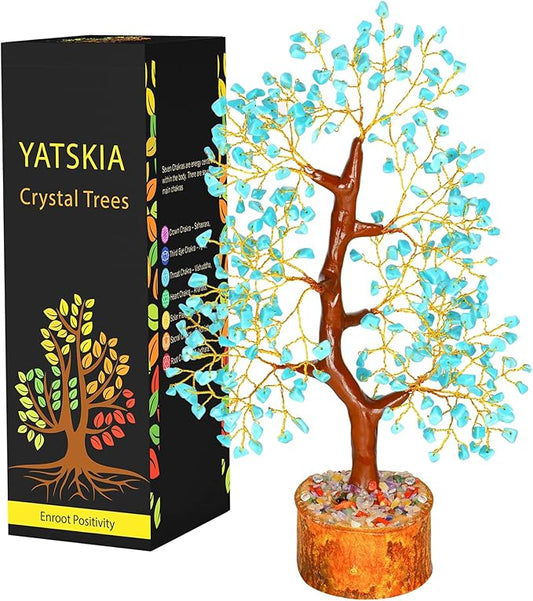 YATSKIA Turquoise Crystal Bonsai Tree Sculpture, Handmade 7 Chakra Healing Pendant Necklaces, Home Decor, Tabletop Display, 8x8x25cm, 1-2lbs