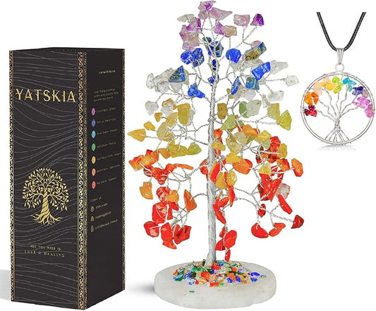 Chakra Tree of Life - Wrapped On Natural Geode Agate Slice Base, w/ Tree of Life Necklace - Chakra Decor, Crystals and Healing Stones, Feng Shui Tree, Seven Chakra Tree, 7 Chakra Tree, Bonsai Tree